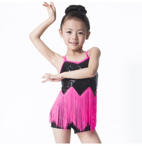 Hot pink fuchsia sequins patchwork sexy girls kids children stage performance fringes latin salsa dance dresses